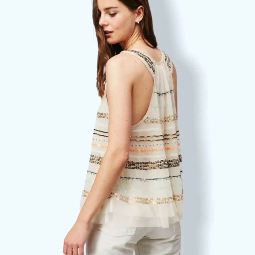 New Free People Mercury XS Ivory Gold Sheer Sequin Sleeveless Swing Racerback